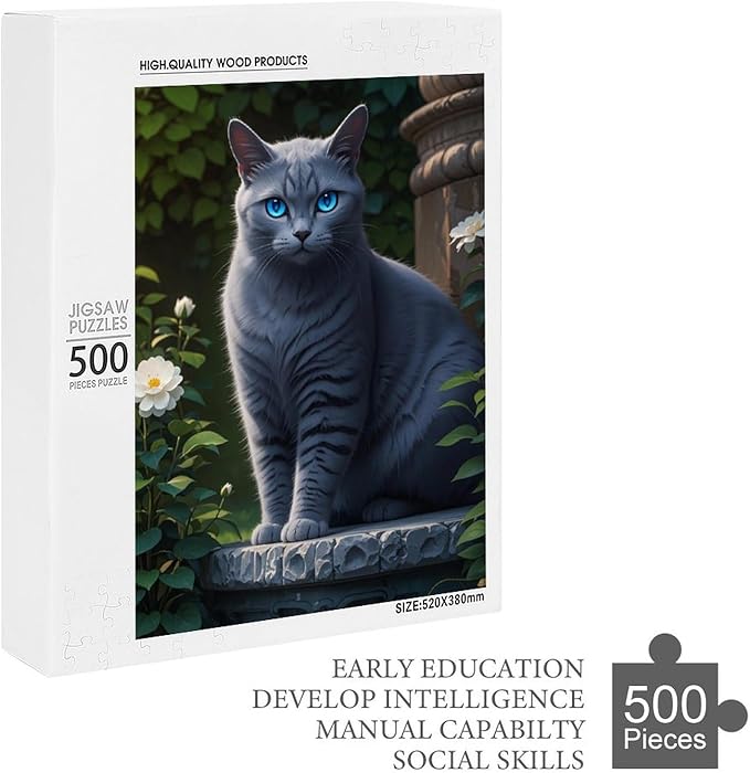 Jigsaw Puzzles for Adults 500 Piece - Cute Russian Blue Cat Animal Themed Wooden Puzzle,Challenge Puzzles Puzzle Games,Stress Relief Games,Funny Puzzles，Unique Gifts for Wall Art