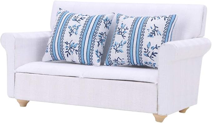 Dollhouse Furniture on 1/12 Scale of Miniature Sofa - Wooden Miniature Sofa Set with Cushions for Dollhouse Living Room and Bedroom Decoration Accessories(Two-seat Sofa with Cushions)