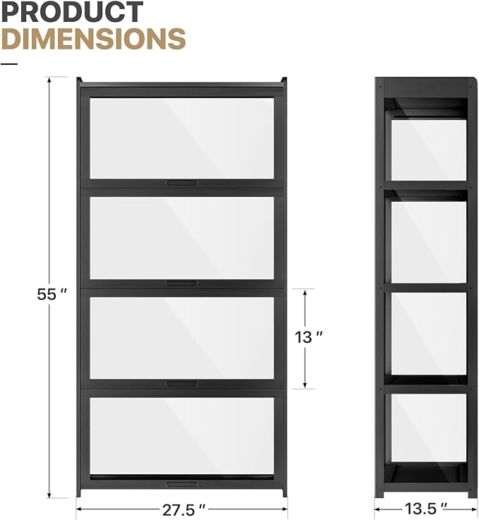 MoNiBloom 55" Curio Display Cabinet with Doors, 4-Tier Bamboo Showcase Storage Cabinet Shelf Collectibles Toy Display Case for Living Room, Black