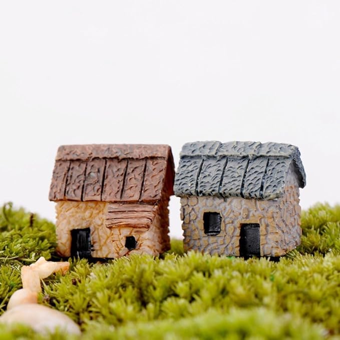 Haohaiblooms 4 Pcs Miniature Fairy Garden Stone House Set - Resin Moss Cottage for Home & Outdoor Decor, Micro Village Thatched Huts, Bonsai Terrarium Crafts, Desk Ornaments for DIY Landscape