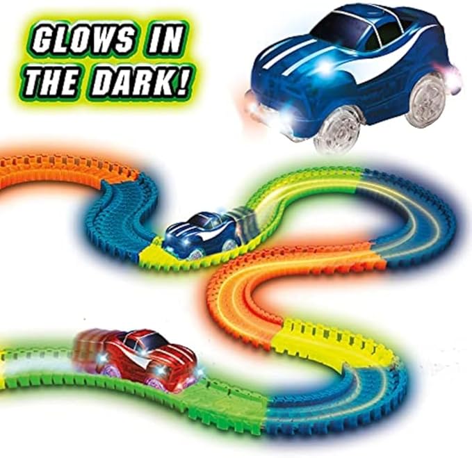 Ontel Magic Tracks 10 Foot Glow In The Dark Bendable Flexible Racetrack with LED Light-Up Race Car, Educational Playset Birthday Gift for Ages 3+