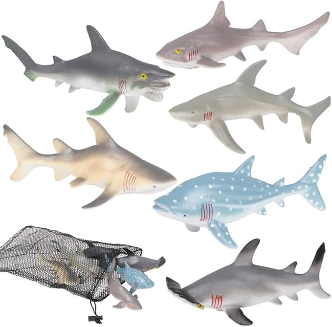 ArtCreativity Shark Figures in Mesh Bag- Pack of 6 Sea Creature Figurines in Assorted Designs, Bath Water Toys for Kids, Shark Party Favors for Toddlers, Boys, and Girls, Ocean Life Party Decor