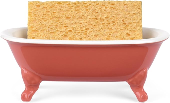 NEWHENGS 6.5" Ceramic Mini Decorative Clawfoot Bathtub Bar Soap Dish, Kitchen Sponge Holder and Shower Tray for Bathroom, 1 Pack(Coral)