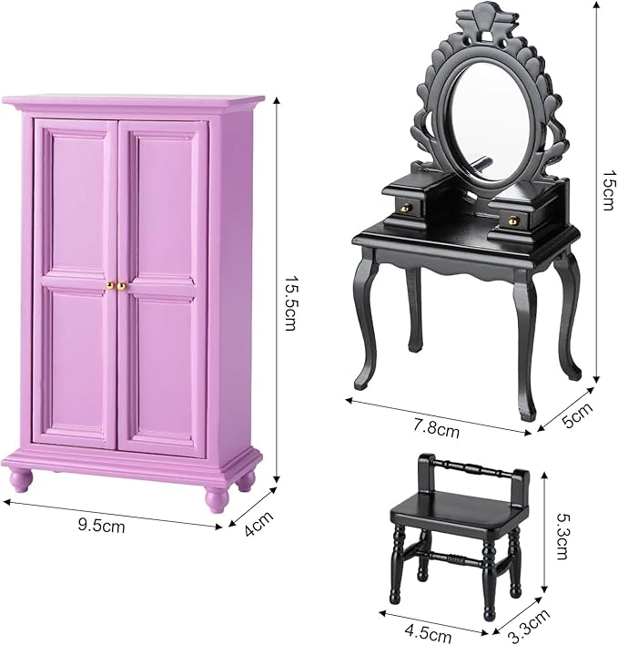 5Pcs 1:12 Dollhouse Wardrobe Furniture Set, Miniature Purple Openable Wardrobe, Dresser with Stool, Floor Lamp & Tiny Accessories for Bedroom Furniture