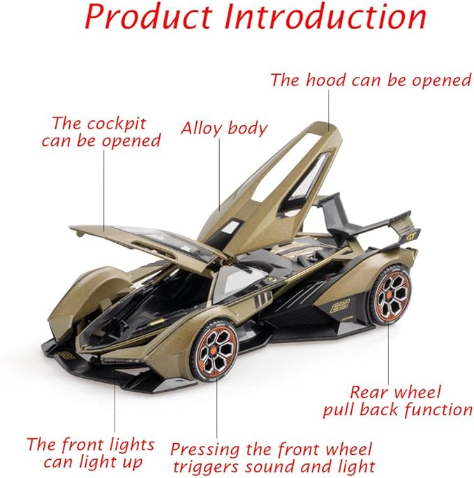 Toy Cars Model Lambo V12 Sports Race Car 1/22 Green Alloy Collectible Diecast Vehicles with Sound and Light