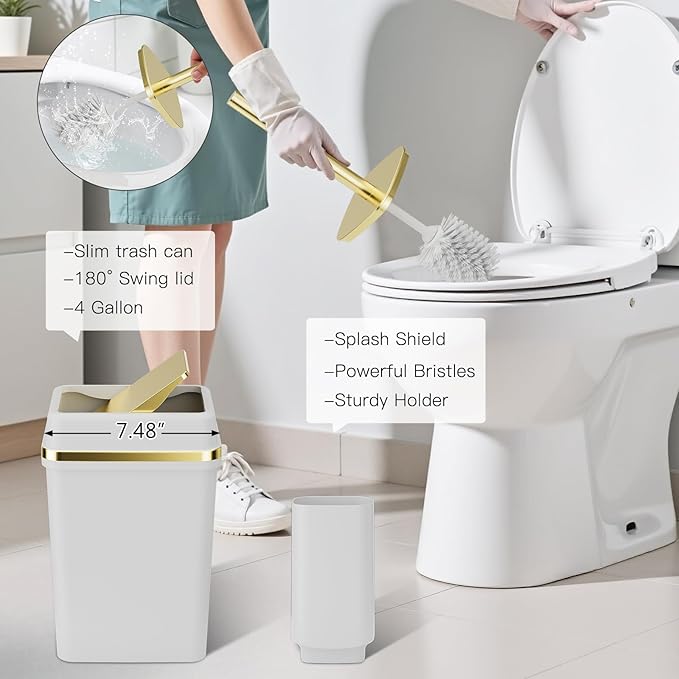 9PCS Bathroom Accessory Set, White Bathroom Set, Bathroom Accessories Set Complete with Trash Can, Toothbrush Holder, Soap Dispenser, Toilet Brush, Bathroom Decor