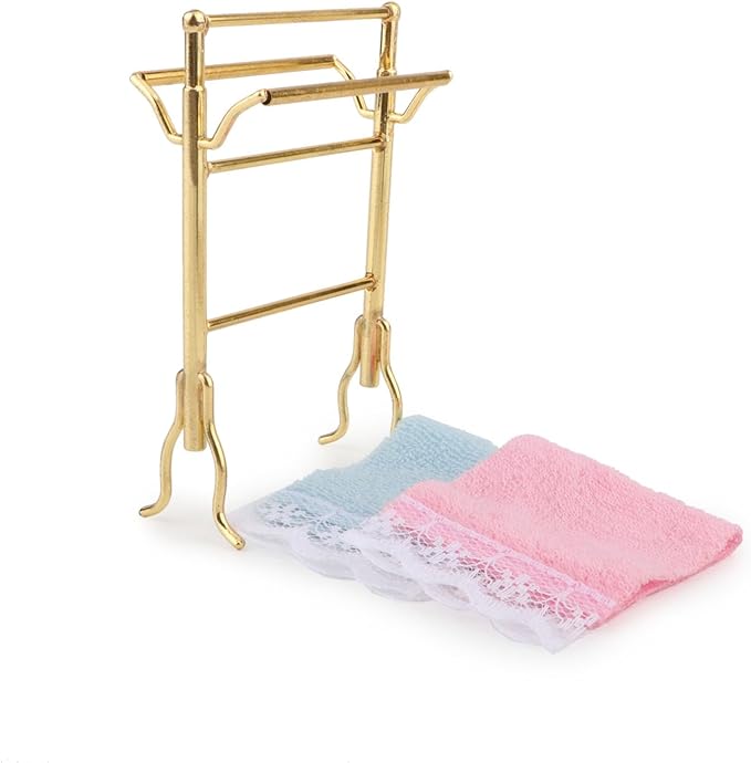 Dollhouse Towel Rack 1/12 Miniature 2PCS Towels & Rail Set for Dollhouse Bathroom Accessories