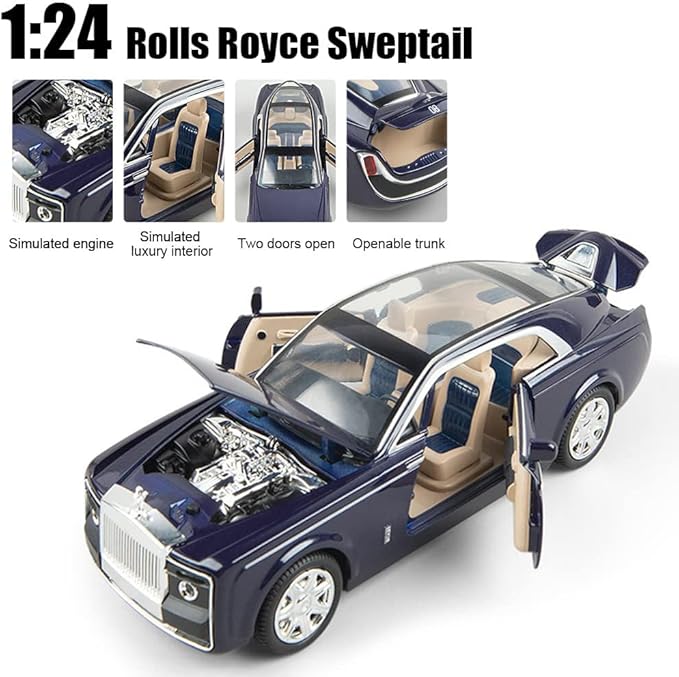 EROCK 1/24 Rolls-Royce Sweptail Toy Car Alloy Diecast Collectible Model Car for Kids Gift, Pull Back Toy Car with Sound & Light, Classic Double Door, Car Logo Can be Folded, Sweptail Blue