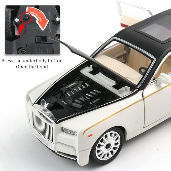 EROCK 1/24 Diecast Car Model Rolls-Royce Phantom Toy Car, Alloy Collectible Replica Pull Back Vehicles with Sound and Light for Kids Boys Girls Birthday Gift Phantom White