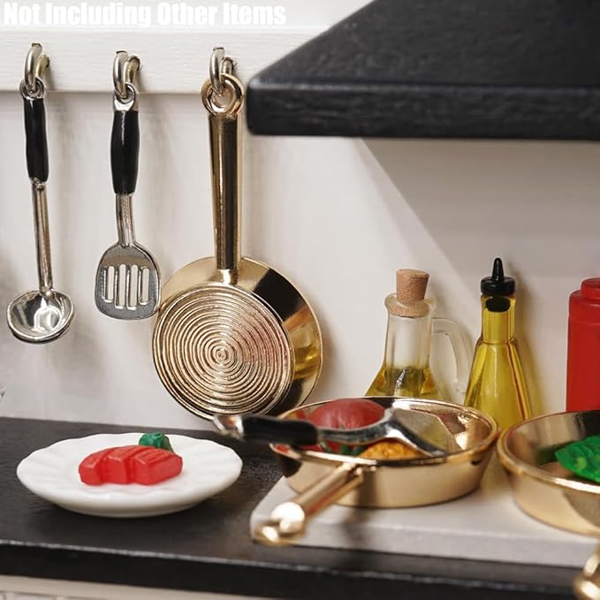 Odoria Dollhouse Frying Pan Miniature: 1/12 Scale Skillet Cookware for Kitchen Restaurant - Mini Kitchenware Cooking Utensils Metal Golden 3Pcs