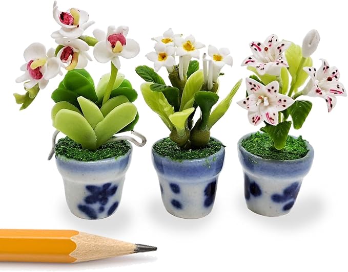 WitnyStore Tiny 1½" High 3 Pieces Set Lily Orchid Plumeria Hand Made Artificial Flowers Realistic Colorful Miniature Modelling Clay Flower Pots Brilliant Variety of House Plant Species Home Decoration