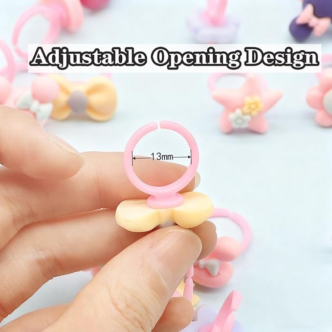 50PCS Kids Rings Blind Bags, Random Assorted Cute Cartoon Animal Fruit Flower Adjustable Plastic Rings for Girls, Surprise Blind Bag Party Favors, Birthday Gifts, Classroom Rewards