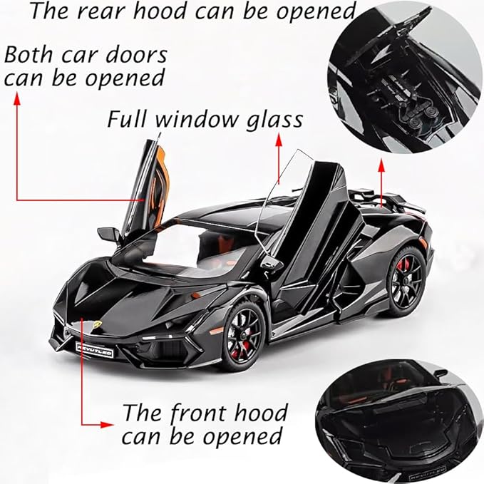 Alloy Collectible 1/24 Black Lambo Revuelto Toy Pull Back Vehicles Diecast Cars Model with Light & Sound
