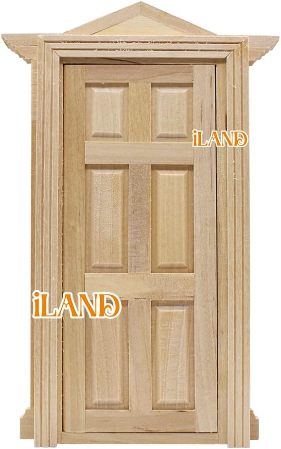 iLAND Classic Wooden Dollhouse Door of 1/12 Scale Accessories, Dollhouse Building Supplies Set of Miniature Door with Trim, Handle & Knocker, Colorable and Realistic for Modern and Antique Doll House