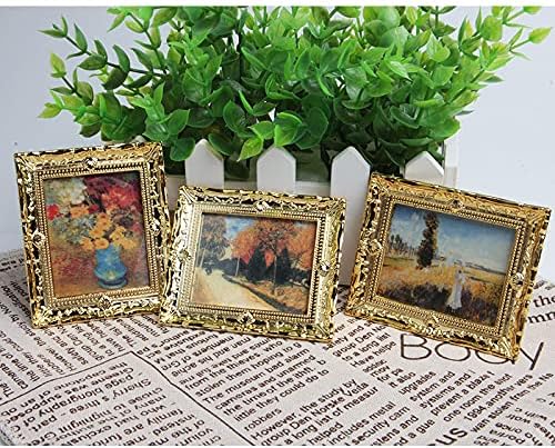 Acxico 3Pcs 1:12 Mini Miniature Gold Frame Art Wall Picture Oil Painting Home Decor