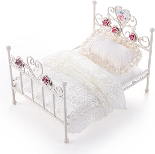 1:12 Dollhouse Furniture Bed, 1 Set Miniature White Hand Floral Engravings Iron Bed with Removable Bedding and Pillow, Miniature Furniture Gift for Dollhouse Lovers and Collectors