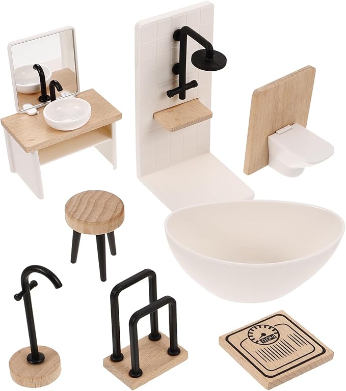 Gatuida Miniature Dollhouse Bathroom Accessories Set, 1:12 Scale, 8-Piece Assorted Color, Wood and Plastic, Includes Sink, Bathtub, Toilet, and More, for Dollhouse Decoration and