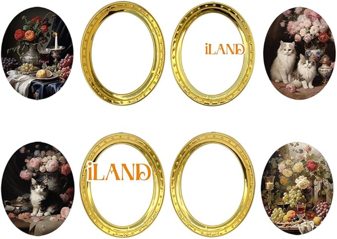 iLAND Miniature Dollhouse Accessories, 4 Dollhouse Picture Frames Set w/Printed Paintings (4 Golden Oval Frames w/ 4 Pictures)