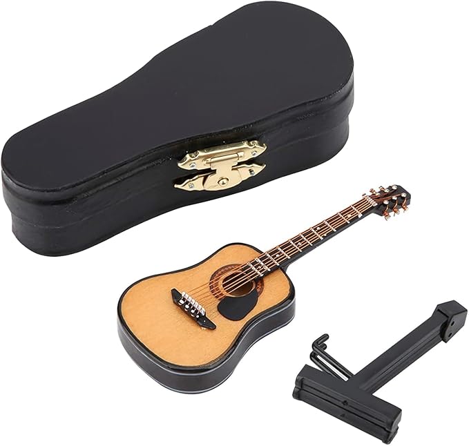 Miniature Guitar Model, Wooden Mini Guitar with Stand and Case, 3.95in Dollhouse Guitar, Musical Instrument Model Home Decor(10CM)