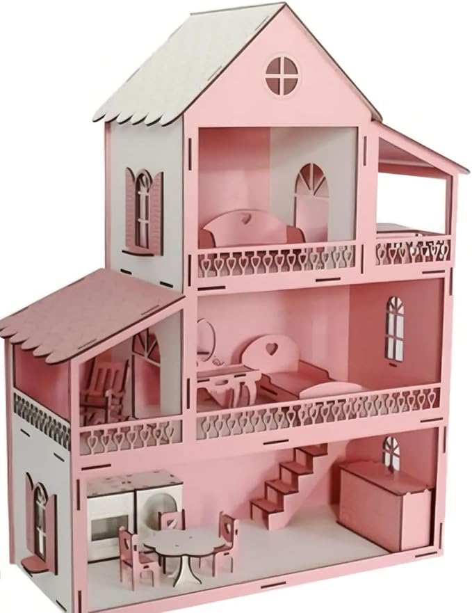 Wooden Doll House with Led Lights Set and Furniture Accessories, Large Size Pink Wooden Dream House, Dollhouse