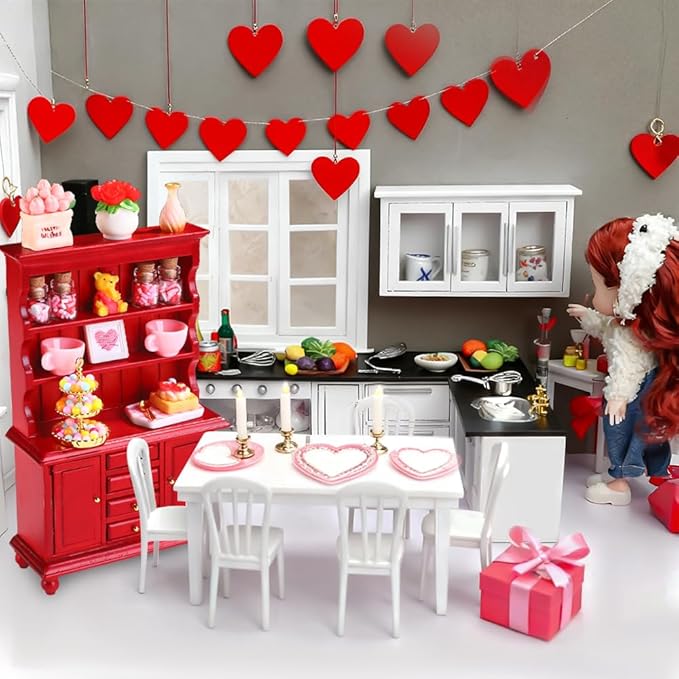 24Pcs Valentines Dollhouse Miniatures Decorations 1:12 Scale Mini Romantic Wooden Bookshelf Furniture Set Tiny Bottles Flowers Chairs Cups Valentine's Day Decor