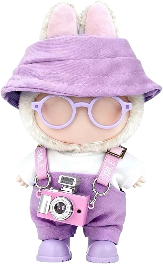 17cm Clothes Set(NO Doll), Hat & Overalls & Shirt & Shoes & Glasses & Camera Set for 17cm Accessories Suit, Stylish Dolls Clothes Accessories, Cute Clothes for Dress up Unique Style (Purple)
