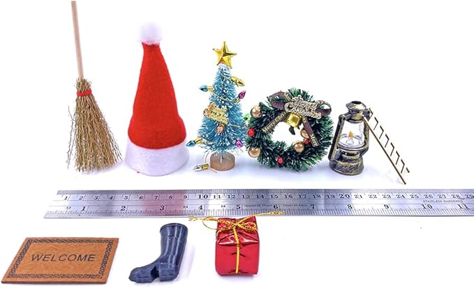 HKLMRO 22Pcs Doll House Christmas Decoration Fake Light String Hat Wreath Mini Tree Gift Boxes Dollhouse 1:12 Toyhouse Miniature Model Pretend DIY Fairy Figurines Garden Hanging Ornaments Party