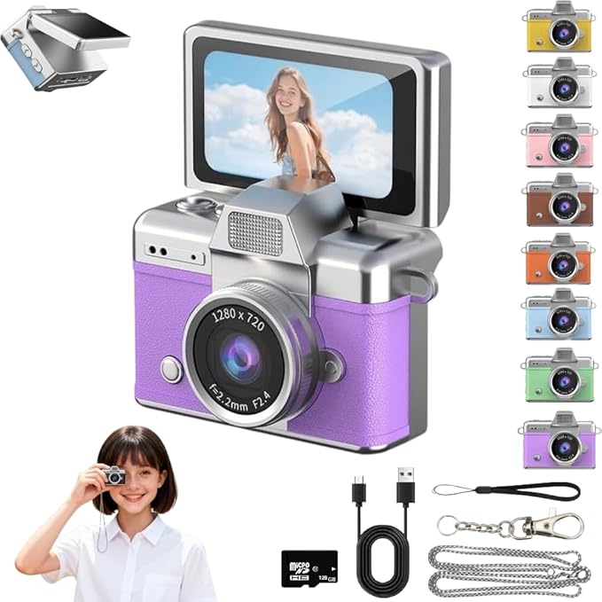 Mini Keychain Digital Camera Retro Mini Digital Video Camera Small bodycam 1080P FHD Recording with 0.96" IPS Screen with 6 Retro Filters AVI Format-Ideal for Phone Transfer (Purple, 128GB)