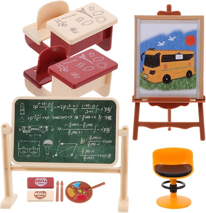 Garneck Miniature Classroom Model Set with Desk Chair and Chalkboard Mini House Decor for Crafts Dollhouse Accessories and Desktop Decoration