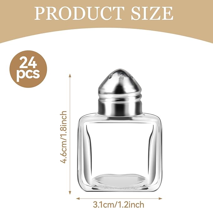 24 Pack Mini Salt and Pepper Shakers, 0.5 oz Glass Cube Shape Spice Shaker with Funnel, Seasoning Jars for Wedding Party Restaurant Home Kitchen (Silver)