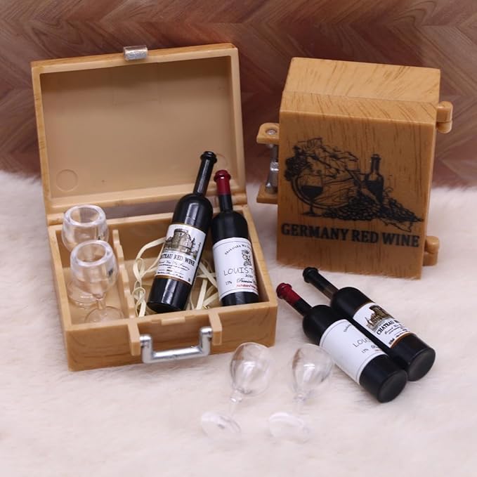 1:12 Mini Dollhouse Accessories Set Which Including 2 Red Wine Bottles Glasses Bottles and A Case,Miniaure Scene Model for Dollhouse Decor and Dollhouse Furniture