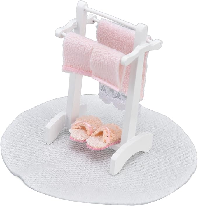 1:12 Miniature Bath Towel Rack with Rug Set - Dollhouse Bathroom Furniture Accessories - Dollhouse Furniture Craft Accessories for a Realistic Dollhouse Bathroom (2 Pcs)