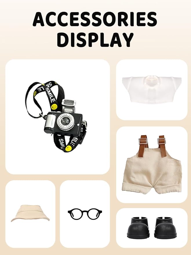 17cm Doll Clothes Set, Hat & Overalls & Shirt & Shoes & Glasses & Camera Set for 17cm Accessories Suit, Stylish Dolls Clothes Accessories, Cute Clothes for Dress up Unique Style (Beige)
