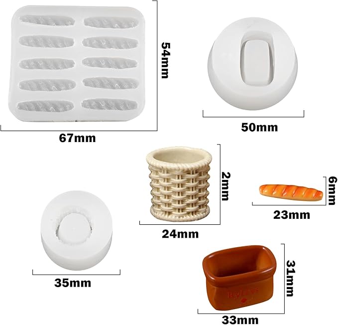 3Pcs Mini Bread and Basket Shape Resin Silicone Molds 3D Simulation Bread Basket Epoxy Casting Molds for DIY Micro Resin Dollhouse Fairy Garden Kitchen Miniatures Landscape Tiny Things Decor