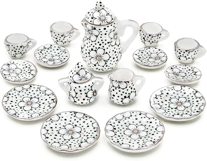 Odoria 1/12 Miniature Porcelain Tea Set 15Pcs Dollhouse Decoration Accessories, Plum Blossom