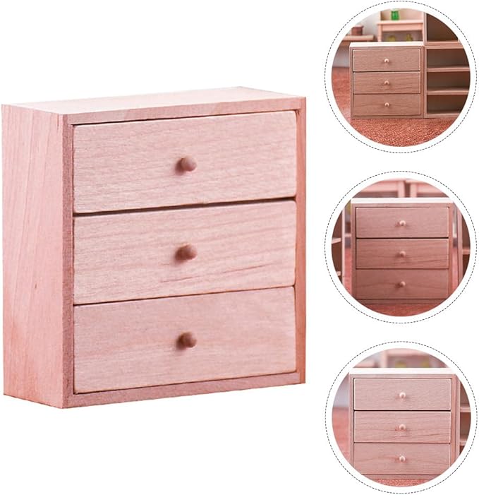 Toyvian Mini Doll House Cabinet 1 12 Scale Wooden Miniature Storage Cabinet with 3 Drawers for Dollhouse Bedroom Living Room Kitchen Furniture Decor