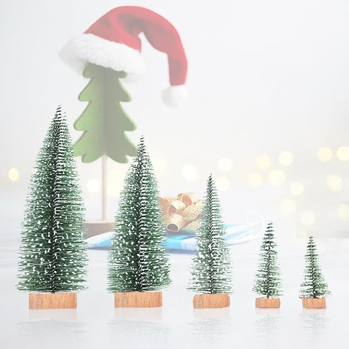 Yahpetes Miniature Christmas Tree 10 Pcs Pine Trees Sisal Trees Snow Frost Ornaments with Wooden Bases for Miniature Scenes, Christmas Crafting and Designing, 5 Size