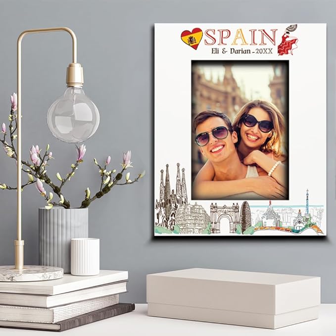 BELLA BUSTA-Personalized Europe Travel Picture Frame– Custom Spain Photo Frame with City & Country-Honeymoon, Vacation, Adventure, Favor Keepsake (Spain (Vertical))