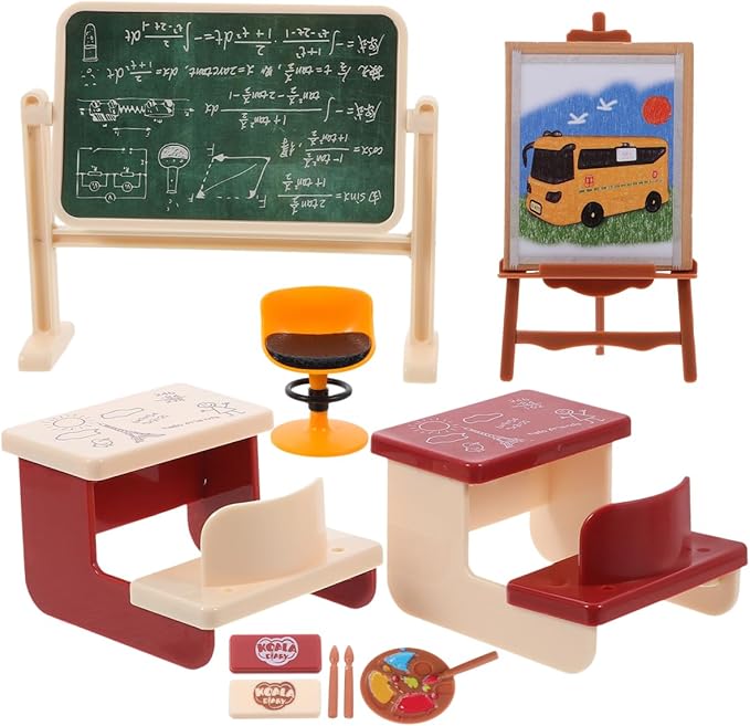 Garneck Miniature Classroom Model Set with Desk Chair and Chalkboard Mini House Decor for Crafts Dollhouse Accessories and Desktop Decoration