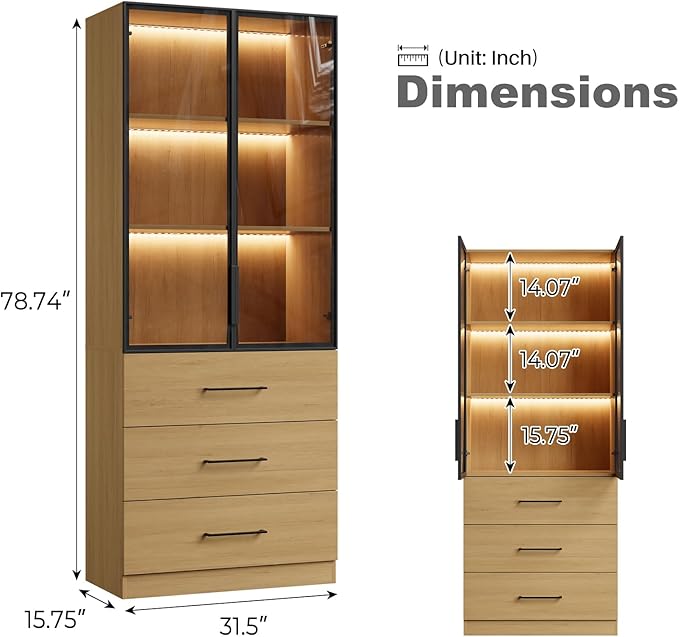 78.7" Oak Display Cabinet with 3 Drawers, 3 -Tier Storage Cabinet with LED Lights, Tall Bookcasse Storage Cabinet, LED Display Case for Collectible, Living Room, Office, Kitchen