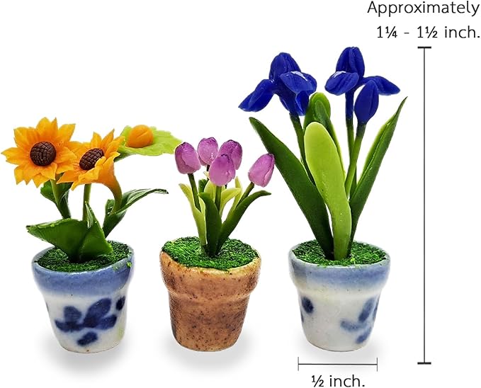 WitnyStore Tiny 1½" High 3 Pieces Set Sunflower Tulip Iris - Hand Made Artificial Flowers Colorful Miniature Realistic Modelling Clay Flower Plants in Pots Blooming House Plant Home Indoor Decoration