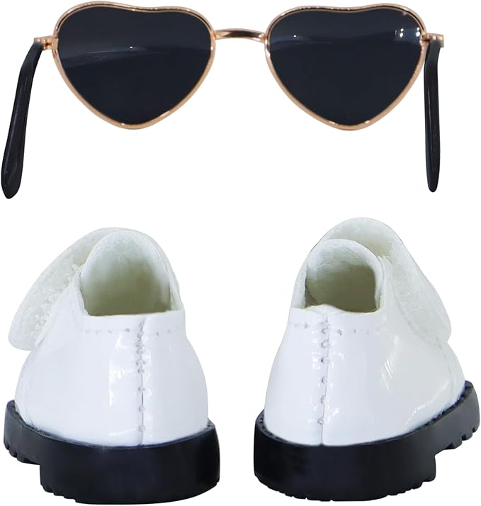 Suitable for 17cm Doll Trendy Small Leather Shoes Paired with Heart Shaped Sunglasses Cute Outfit Two-Piece Set (Brilliant White)