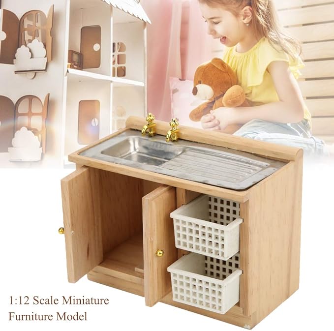 Dollhouse Miniature Furniture, 1:12 Scale Wooden Kitchen Dish Washing Table with Baskets for Doll House Accessories Decoration