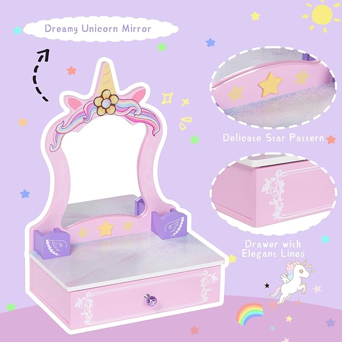 BRINJOY Wooden Vanity Set for Kids, Toddler Tabletop Beauty Salon Play Set w/Accessories & Drawer, Princess Makeup Pretend Play Vanity Table Toy with Mirror for Little Girls Age 3-8