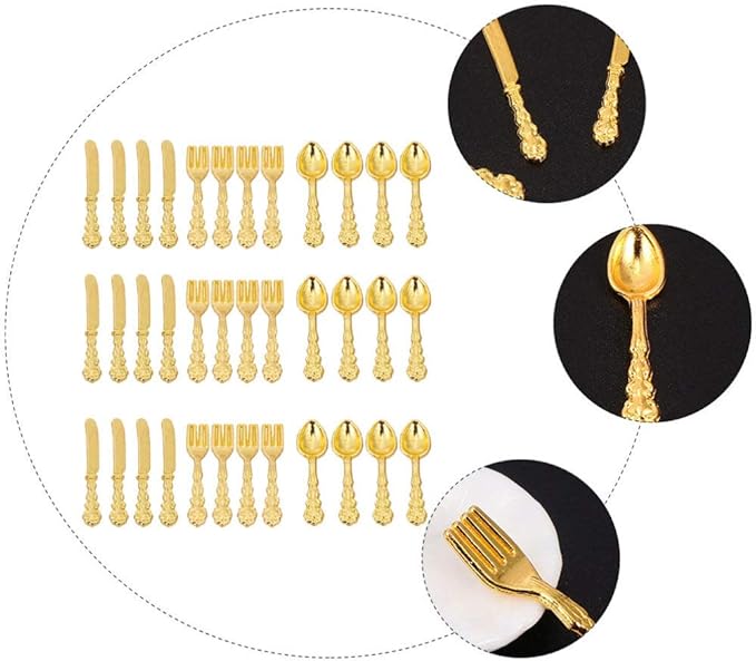 Kisangel Miniature Dollhouse Tableware Ornament 36Pcs Alloy Micro Cutlery Set Decorative Mini Dinner Accessories for Fairy House Display