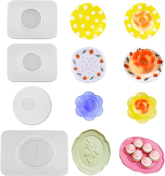 4Pcs Mini Dinner Plate Shape Resin Silicone Molds 3D Tiny Plate Epoxy Casting Molds for DIY Micro Resin Dollhouse Fairy Garden Kitchen Miniatures Landscape Decor