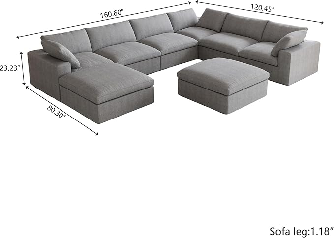 JACH 160" Cloud Sectional Couch, Overzised Down Filled Couch, 8 Seater Convertible Modular Cloud Sofa for Living Room, Minimalist Deep Seat Modern Couches,Sofa Cover Removable, Grey