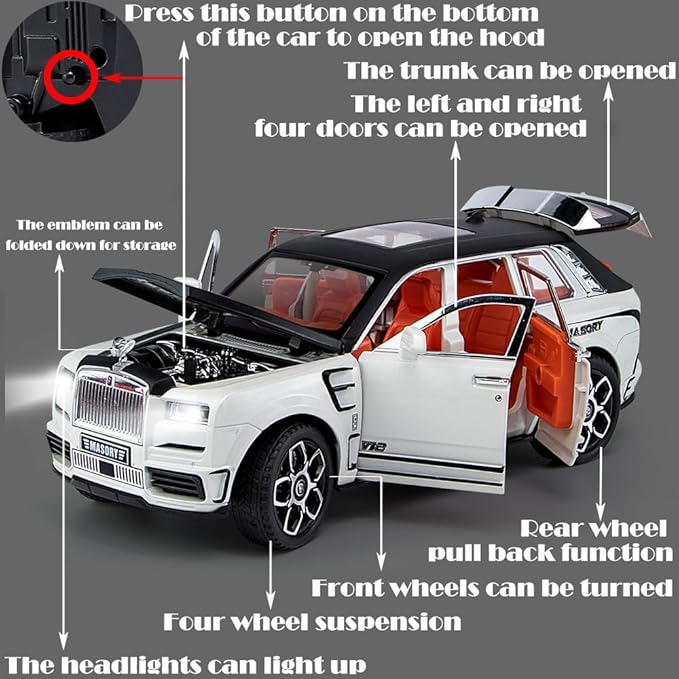 Toy Car Model Rolls-Royce Cullinan 1/24 White Alloy Collectibles Die-cast Vehicles with Sound and Light