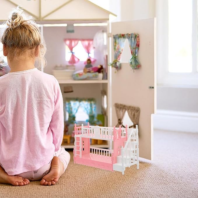 Miniature Bunk Bed Model with Ladder for 16cm Dolls, Dollhouse Bedroom Furniture, Pink, 8.66 X 5.51 X 3.14 Inches, Abs Material, Space-Saving Design for Mini House Decoration