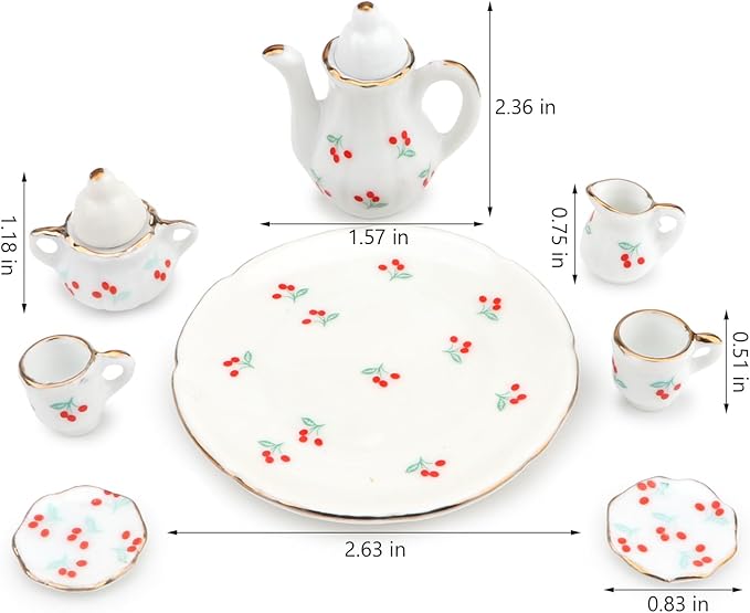 Dollhouse 1:6 Porcelain Tea Cup Sets 8 Pcs Set Miniature Ceramics Dollhouse Accessories Flower Pattern Teapot Platter Dish Sets Dollhouse Kitchen Supplies Decoration (Cherry)